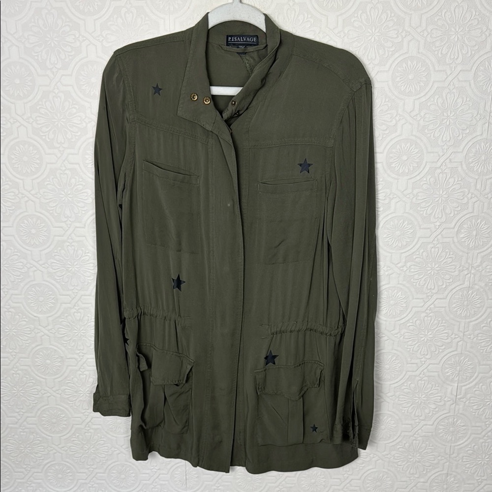 PJ Salvage Military Style‎ Top Army Green Tunic Shirt Button Up Stars Medium